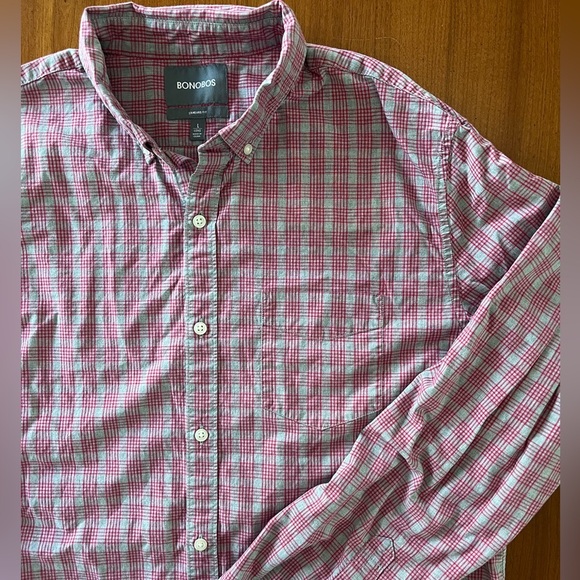 Bonobos Red & Gray Plaid Button-Up Shirt – Size L Long - Picture 1 of 8